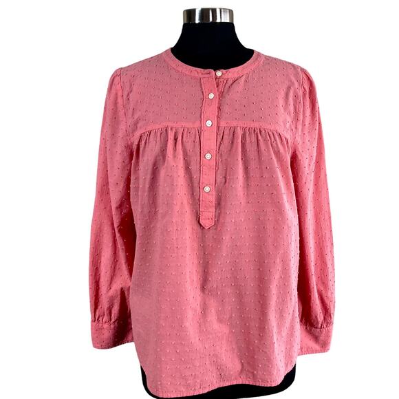 Loft Peach Terracotta Swiss Dot Popover Blouse Large Partial Button Long Sleeves - Picture 1 of 7